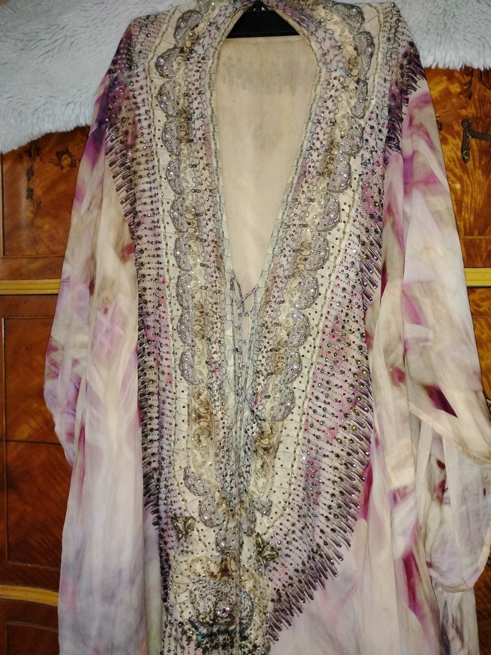 Embellished Pink-Beige Boho V-Neck Women's Top